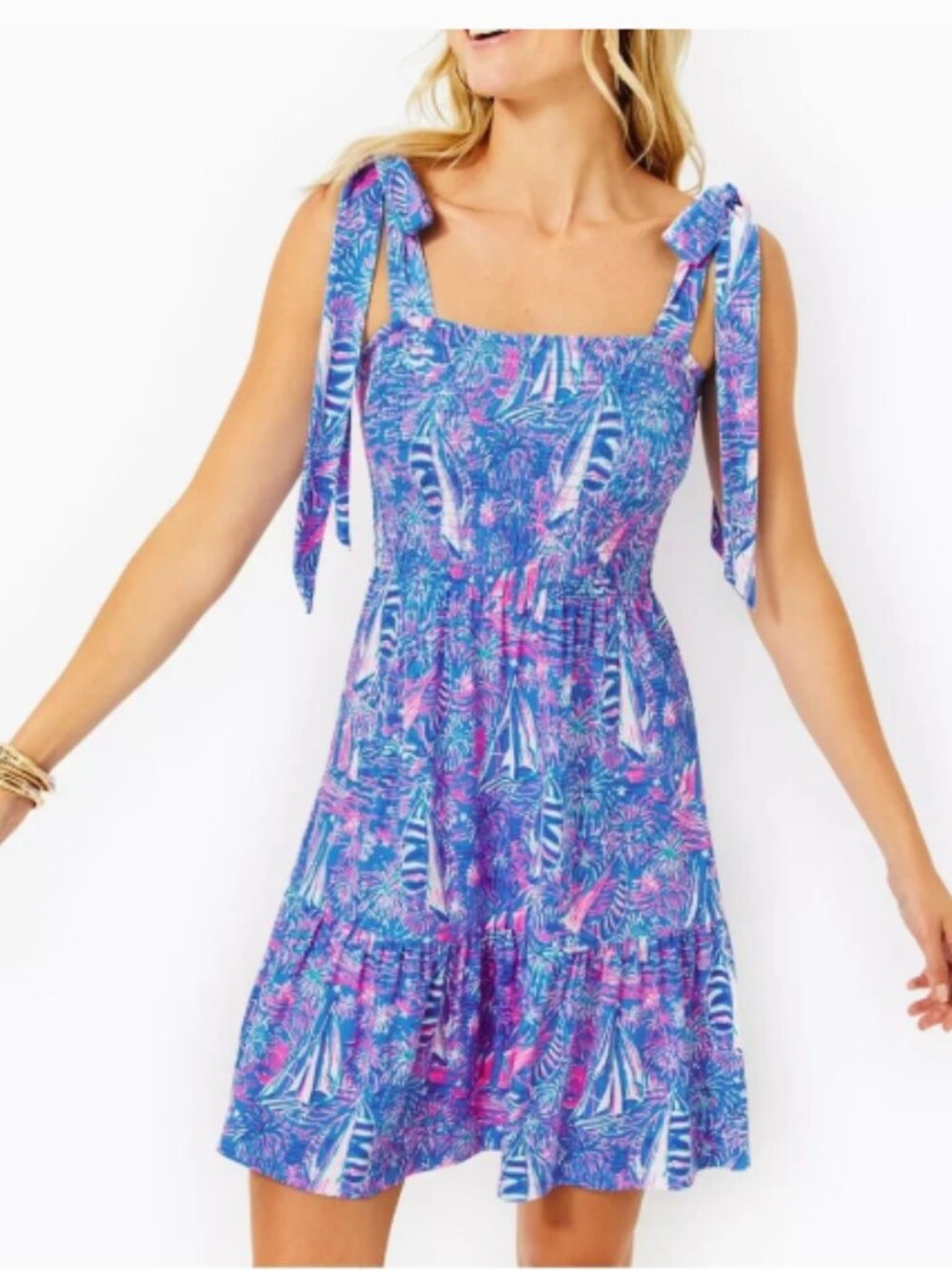 NWT Lilly Pulitzer Kailua Smocked Dress Boca Blue Its A Sailabration XS - Picture 1 of 7